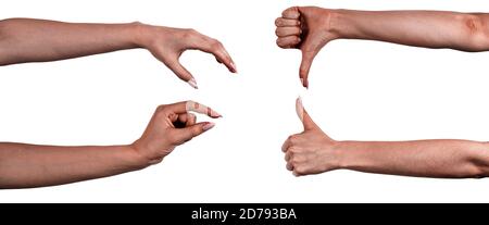 Mehrere Bilder setzen weibliche schwarze Hände isoliert weißen Hintergrund zeigt verschiedene Gesten. Collage von Händen einer afrikanischen Frau mit Maniküre Stockfoto