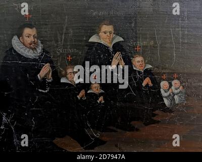 Gemälde mit der Familie Goekelschen in der Stiftskirche des Klosters Himmelkron, ehemaliges Zisterzienserkloster, Landkreis Kulmbach, Oberfranken, Stockfoto