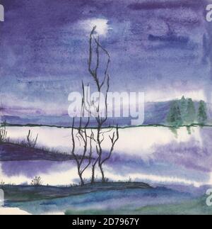 Aquarell handbemalte Nachtlandschaft mit Fluss und Baum Stockfoto