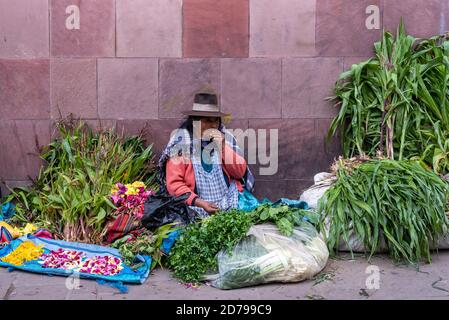24. Februar 2020: Frau in traditioneller Kleidung und Verkauf von Gemüse auf der Straße. Potos’, Bolivien Stockfoto