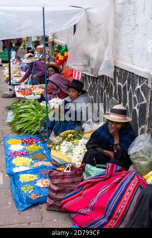 24. Februar 2020: Frauen tragen traditionelle Kleidung und verkaufen Blütenblätter auf der Straße. Potos’, Bolivien Stockfoto