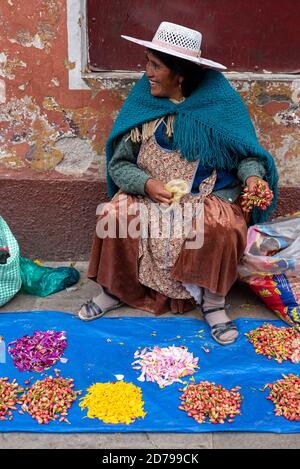 24. Februar 2020: Frau in traditioneller Kleidung und Verkauf von Blütenblättern auf der Straße. Potos’, Bolivien Stockfoto