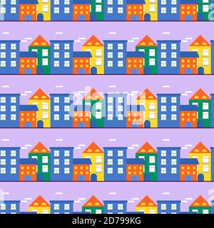 Nahtlose Muster Häuser und Straßen, Dächer des Gebäudes. Cute Stadtbild bunten Hintergrund für Kinder Textil, Geschenkpapier, Textil-Design. Vektorgrafiken Stock Vektor