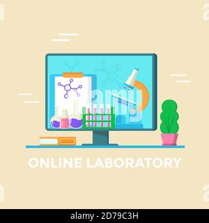 Online-Laborkonzept. Medizinischer Test und Mikroskop auf Rechenbildschirm. Vektorbanner für Landing Page Stock Vektor