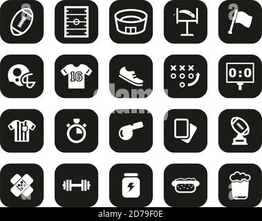 Fußball Oder American Football Icons Weiß Auf Schwarz Flat Design Groß Einstellen Stock Vektor