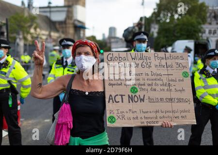 Protestant mit Plakat macht das Friedenszeichen vor der Polizei, Extinction Rebellion Demonstration, Parliament Square, London, 10. September 2020 Stockfoto