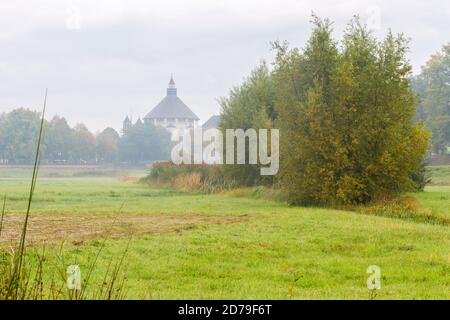 Die neo-byzantinische St. Catherine Kirche (Sint-Cathrien) in 's-Hertogenbosch. Blick vom Naturschutzgebiet Bossche Broek an einem nebligen Morgen Stockfoto