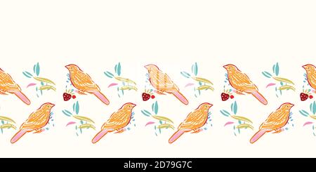 Geometrische Retro-Volkskunst Vogel-Boder. Vektor Vintage, Linolschnitt-Stil, handgezeichnete, florale Design mit gelben Vogel. Bunte stilisierte Grenze auf cremefarbenen Hintergrund. Off-Farbeffekt. Perfekt für Schreibwaren, Stoff und Geschenkpapier. Stock Vektor