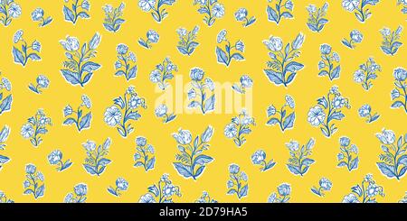 Retro antikes französisches Blumenmuster in halber Tropfenform. Vintage Linie Kunst Blumenstrauß Design. Klassische Umrissfloralen auf ausgeschnittener Form, lebhaft gelber Hintergrund. Eleganter Naturhintergrund. Perfekt für Küchengeschirr, Tapeten und Geschenkpapier. Stock Vektor