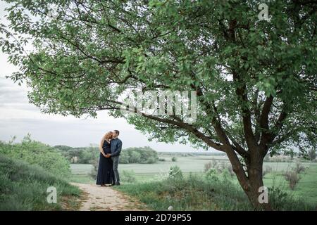 Ein liebevolles Paar geht auf dem Feld, das Mädchen ist schwanger. Gehen Sie an der frischen Luft. Liebe und Fürsorge. Stockfoto