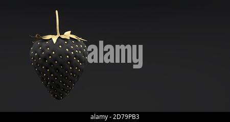 Schwarz und Gold Erdbeere auf schwarzem Hintergrund 3d Render 3d Abbildung Stockfoto