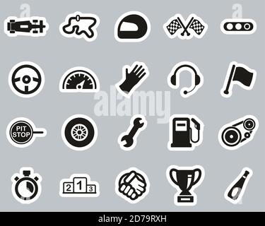 Formula Racing Icons Schwarz & Weiß Sticker Set Groß Stock Vektor