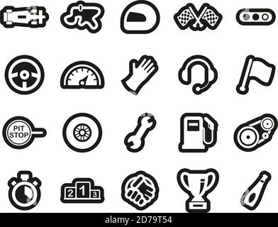 Formula Racing Icons Weiß Auf Schwarz Sticker Set Groß Stock Vektor