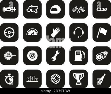 Formula Racing Icons Weiß Auf Schwarz Flat Design Set Groß Stock Vektor