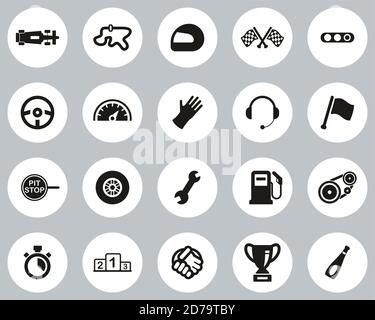 Formel Racing Icons Schwarz & Weiß Flat Design Kreis Set Groß Stock Vektor