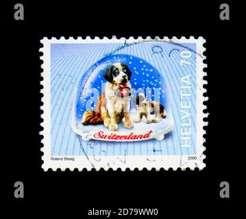 MOSKAU, RUSSLAND - 26. NOVEMBER 2017: Eine in der Schweiz gedruckte Briefmarke zeigt Saint Bernard Dog (Canis lupus familiaris), Snow Globes Serie, um 2000 Stockfoto