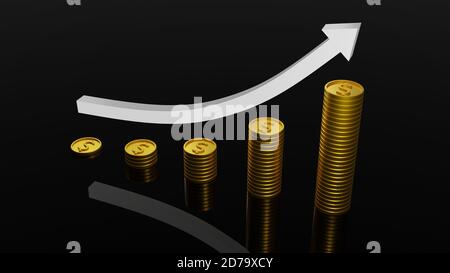 Aktiendiagramm mit Pfeil nach oben. Steigende Gewinne. Geldmünzen. Schwarzer Hintergrund. Präsentationsfolie. Wertsteigerung. Diagramm Zum Marktwachstum. Finanzen Stockfoto