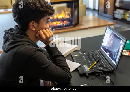 heimschooling. Junge Student mit Professor mit Laptop von zu Hause während der covid-19 Gesundheitskrise verbunden Stockfoto