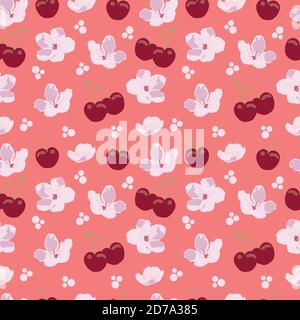 Kirschen, Kirschblüten Nahtloses Muster Stock Vektor