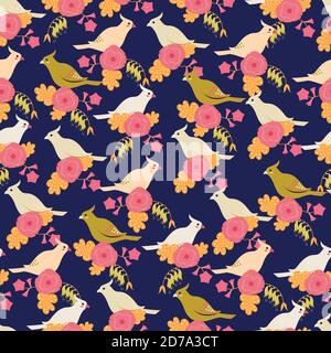 Papageien und Blumen florales Nahtloses Muster Stock Vektor