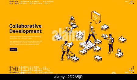 Gemeinsame Entwicklung isometrische Landing Page. Business People Team Montage getrennte Puzzleteile, Führer mit erhobener Hand. Zusammenarbeit, Partnerschaft, Teamarbeit 3d Vektor Linie Kunst Web-Banner Stock Vektor