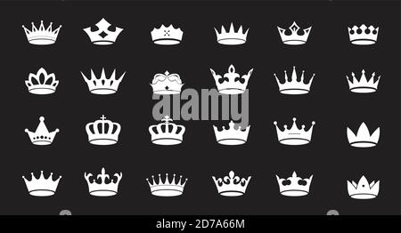 Set von weißen Vektor King Kronen Symbol auf schwarzem Hintergrund. Vektorgrafik. Emblem, Symbol und Royal Symbole. Stock Vektor
