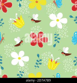 Bienen, Schmetterlinge und Blumen nahtloses Muster Stock Vektor