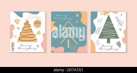Moderne abstrakte Hand Zeichnung Weihnachten doodles Grußkarten-Set, trendige zeitgenössische Design-Vorlage Stock Vektor