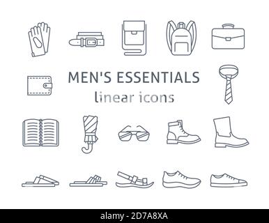 Herren Accessoires und Schuhe flache Linie Vektor-Symbole. Einfache lineare Symbole der männlichen Wesensmerkmale. Online-Shop Hauptkategorien. Skizzieren Sie Infografik-Elemente. Stock Vektor