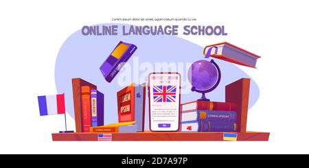 Online-Banner für Sprachschulen. Konzept des digitalen Trainings Fremdsprachen, Fernstudium. Vektor-Cartoon-Illustration von Regal mit Büchern, englisch Wörterbuch, Globus und Smartphone Stock Vektor