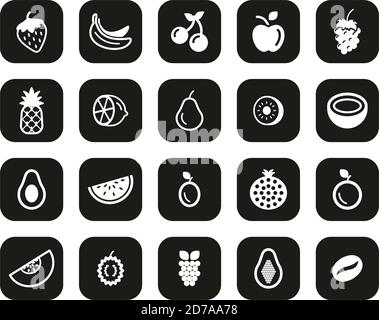 Obst Oder Früchte Icon Weiß Auf Schwarz Flat Design Set Groß Stock Vektor