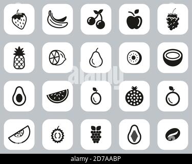 Obst Oder Früchte Icon Schwarz & Weiß Flat Design Set Groß Stock Vektor