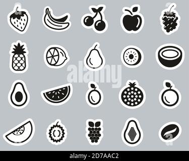 Obst Oder Früchte Icon Schwarz & Weiß Sticker Set Groß Stock Vektor