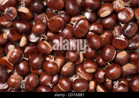 Hintergrund mit süßen Herbstkastanien auf Holztisch. Stockfoto