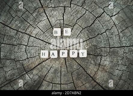 Wort glücklich sein von hölzernen Alphabet Perlen auf einem Baumstumpf Oberfläche im Wald. Stockfoto