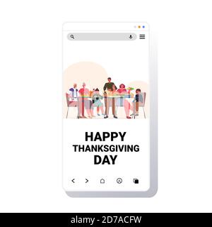 Multi-Generation-Familie feiert glücklich Danksagung Tag Menschen sitzen an Tabelle mit traditionellen Abendessen Smartphone Bildschirm kopieren Raum Vektor Illustration Stock Vektor