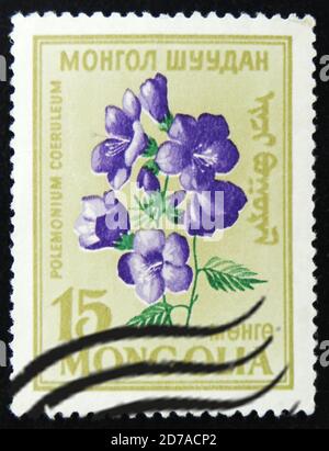 MOSKAU, RUSSLAND - 2. APRIL 2017: Eine Postmarke in der Mongolei zeigt Blume mit der Aufschrift 'Polemonium caeruleum', die Serie 'Blumen', circa Stockfoto