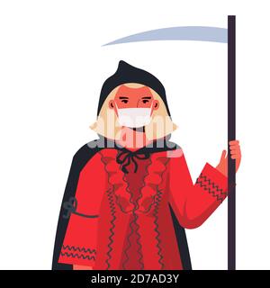 Mädchen in Maske trägt grimmige Reaper Kostüm halloween Party Feier Coronavirus Quarantäne Konzept Portrait isoliert Vektor Illustration Stock Vektor