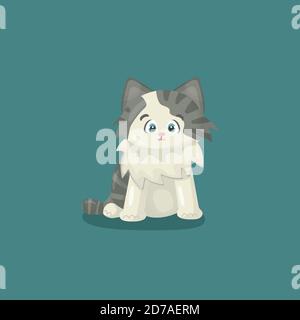 Kleine weiße glücklich freundliche nette isolierte Vektor Handzeichnung Cartoon-Charakter Katze oder Kätzchen auf blauem oder grünem Hintergrund Stock Vektor