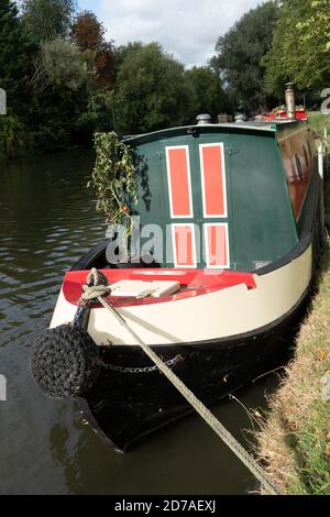 Dekoriertes schmales Kanalboot mit einer Tomatenpflanze auf dem River Cam Cambridge Stockfoto