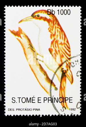 MOSKAU, RUSSLAND - 26. NOVEMBER 2017: Eine in Sao Tome und Principe gedruckte Briefmarke zeigt Cettis Waldsänger (Cettia cetti), Fauna und Flora Serie, um 1992 Stockfoto