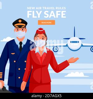 Stewardess und Pilot in medizinischen Schutzmasken. Airline-Crew auf blauem Himmel Hintergrund mit fliegendem Flugzeug. Flugreisen neue Regeln, gesund und Stock Vektor