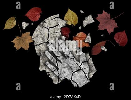 Psychische Erkrankungen Alzheimer-Krankheit, Herbstdepression, Demenz. Stilisierte männliche Kopf Silhouette mit Dry rissige Erde und Herbstblätter. Stockfoto