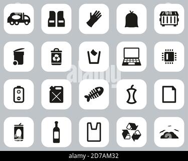 Garbageman Icons Schwarz & Weiß Flat Design Set Groß Stock Vektor