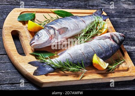 Seabass frischer roher Fisch auf einem Schneidebrett mit frischem Rosmarin, Zitronenkeilen und Lorbeerblatt auf einem Schneidebrett auf einer dunklen Holzba entkaltet und entkalkt Stockfoto