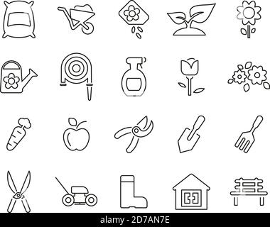 Gardening & Gardening Tools Icons Black & White Thin Line Groß Einstellen Stock Vektor