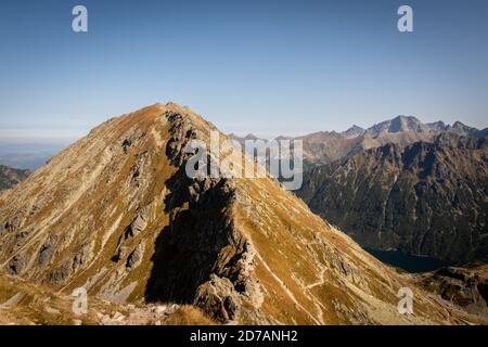 Berggipfel Miedziane in der Hohen Tatra, Polen im Herbst, mit kupferfarbenem Gras, vom Berg Szpiglasowy Wierch aus gesehen. Stockfoto