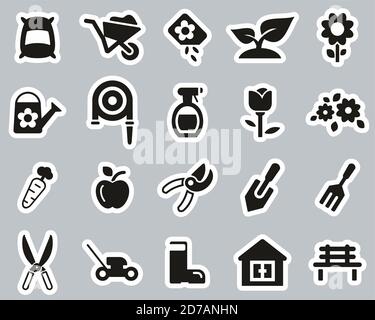 Gardening & Gardening Tools Icons Schwarz & Weiß Sticker Set Groß Stock Vektor