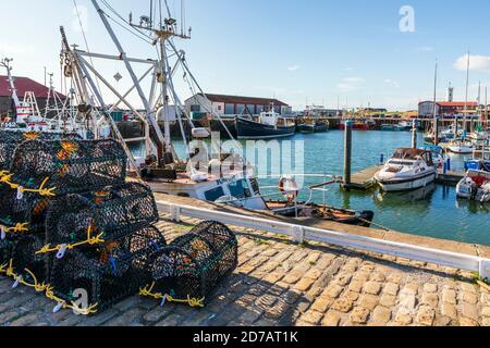 Hummertöpfe, Fischerboote und kleine Boote und Yachten in Arbroath Harbour, Angus, Schottland, UK Stockfoto