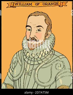 1926 farbige niederländische Illustration - neben einem farbigen Porträt von Wilhelm von Oranien alias Wilhelm dem Schweigenden, Wilhelm dem Schweigenden, Willem van Oranje und Willem de Zwijger. Er war der Hauptführer der Niederländischen Revolte gegen die spanischen Habsburger, die den Achtzigjährigen Krieg (1568–1648) auslösten. 1544 wurde er Prinz von Oranien (Haus Nassau) und war der Gründer der Oranien-Nassau-Niederlassung und der Vorfahr der Monarchie der Niederlande, daher sein niederländischer Titel Vader des Vaderlands ( Vater des Vaterlandes ). William soll der erste Staatschef sein, der mit einem Handfeuerwaffen ermordet wurde Stockfoto